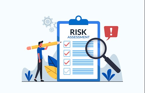 cartoon graphic of a man holding a giant pencil next to a large clipboard holding a risk assessment and a giant magnifying glass.